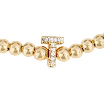 Initial T CZ Beaded Bracelet Set In 14K Gold Over Brass 0.09ctw