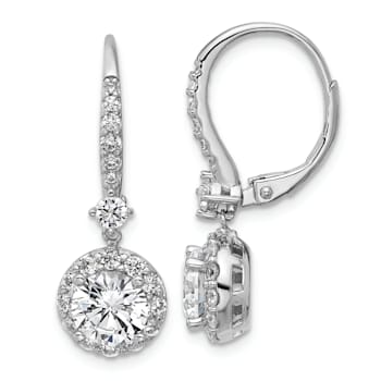 Rhodium Over Sterling Silver Round Cubic Zirconia Halo Dangle Leverback Earrings