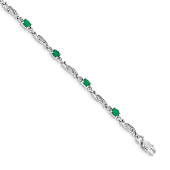 Rhodium Over 10k White Gold Diamond and Green Emerald Bracelet