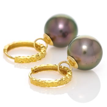 Tahitian Cultured Pearl 18k Yellow Gold Diamond Cut Hoop Earrings