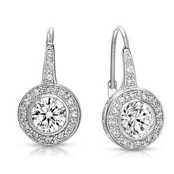 CZ Bezel Halo Drop Earrings In White Rhodium Over Brass