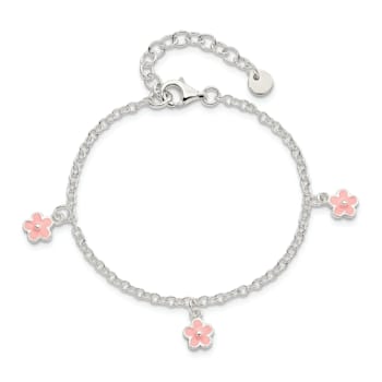 Sterling Silver Pink Enamel Flowers with 1.5-inch Extension Children's Bracelet