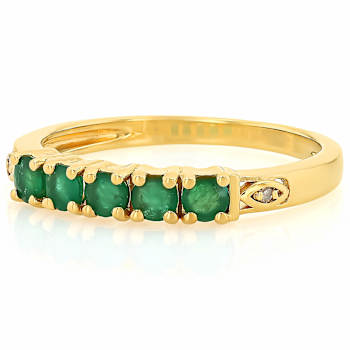 Zambian Emerald And White Diamond Ring In 18K Gold Over Sterling Silver 0.44ctw