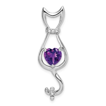 Rhodium Over 10k White Gold 0.68 ctw Amethyst and Accent Diamond Cat Pendant
