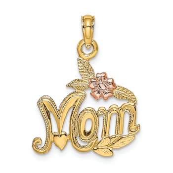 14K Two-tone Gold  Polished Textured MOM and Flower Pendant