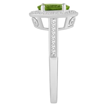 8x6mm Oval Peridot 1/5 ctw Diamond Rhodium Over Sterling Silver Halo Ring