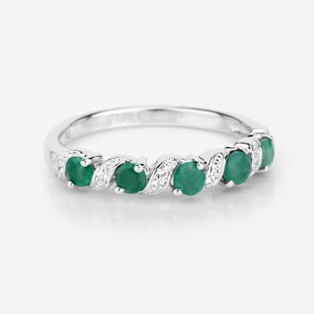 Green Emerald and White Topaz Sterling Silver 5 Stone Band Ring