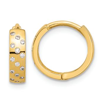 14k Yellow Gold 1/2" Polished Cubic Zirconia Hinged Hoop Earrings