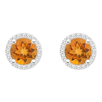 6mm Round Citrine 1/5 ctw Diamond Rhodium Over Sterling Silver Halo Stud Earrings