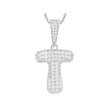 CZ Initial T Bubble Letter Pendant Necklace In Sterling Silver 1.24ctw