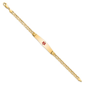 14k Yellow Gold Medical Soft Diamond Shape Red Enamel Mariner Link ID Bracelet