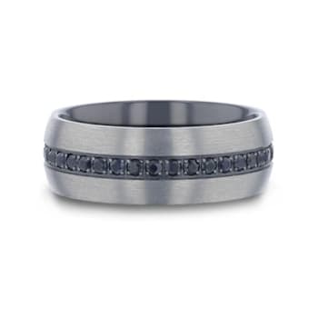 AVIATOR Domed Brushed Titanium Men's Wedding Band with Black Sapphire
Stones Inlay 8mm
