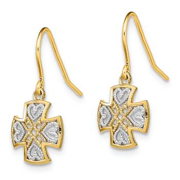 14k Two-tone Textured Fancy Cross Dangle Earrings