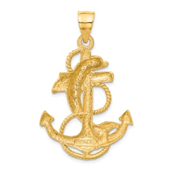 14k Yellow Gold Diamond-Cut and Satin Dolphin on Anchor Pendant