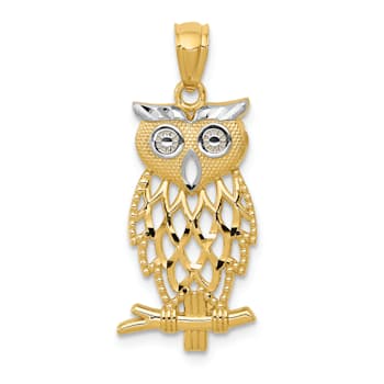 14K Two-tone Gold Rhodium Diamond-cut Owl Pendant