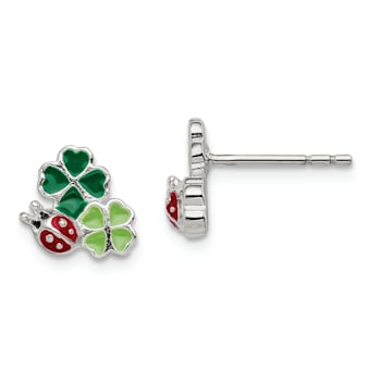 Sterling Silver Enamel Ladybug and Clovers Children's Post Earrings