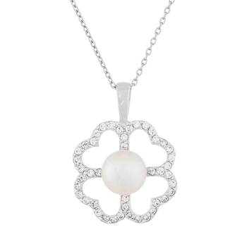 9-10mm Button White Cultured Freshwater Pearl and CZ Rhodium Over
Sterling Silver Pendant