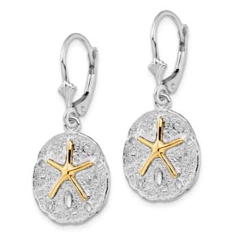 Rhodium Over Sterling Silver Sand Dollar with 14k Starfish Leverback Earrings