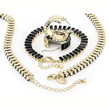Black Crystal Tennis Necklace, Bracelet And Earring Set In Gold Tone