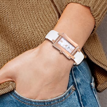 Ladies Charles Hubert Rose IP Stainless Steel White Leather 23x32mm Watch