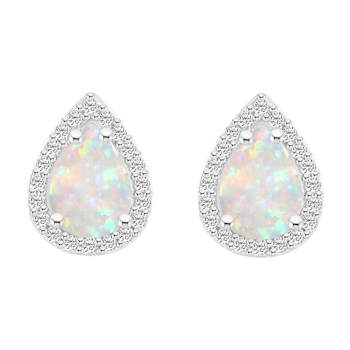 7x5mm Pear Shape Created Opal And Created White Sapphire 10k White Gold
Halo Stud Earrings