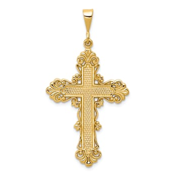 14k Yellow Gold Textured Fleur De Lis Cross Pendant