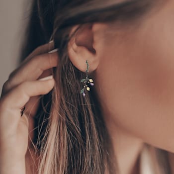 Amethyst and Nanocrystal Black Rhodium Over Sterling Silver Leaf Earrings