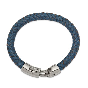 Blue Leather and Stainless Steel Antiqued and Polished 8.25-inch Bracelet