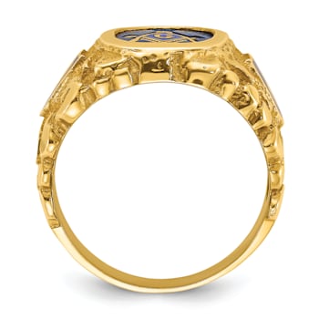 10K Yellow Gold Men's Nugget Texture and Lab Created Sapphire Masonic Ring