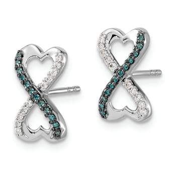 Rhodium Over 14k White Gold Blue and White Diamond Infinity Heart Stud Earrings