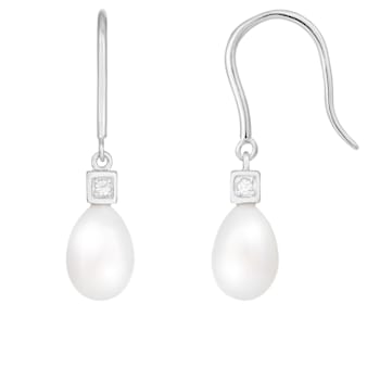 7.5-8 mmWhite Cultured Freshwater Pearl and Cubic Zirconia Rhodium Over
Sterling Silver Earrings