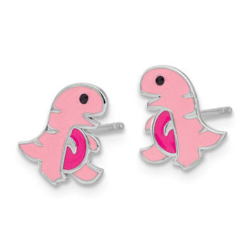 Rhodium Over Sterling Silver Pink Enamel Dinosaur Children's Post Earrings