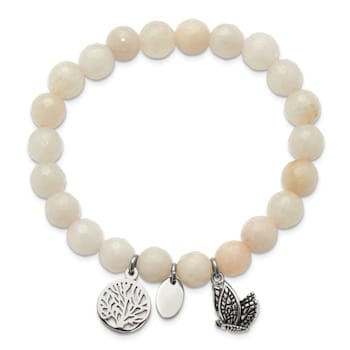 Stainless Steel Rose Gold Butterfly & Tree of Life Charm Pink Jade Stretch Bracelet Stainless Steel Rose Gold Butterfly & Tree of Life Charm Pink Jade Stretch Bracelet
