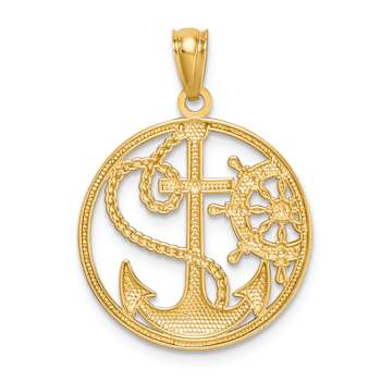 14k Two-tone Gold Cross Anchor Captain Wheel Pendant