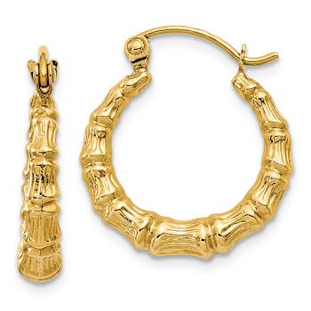 14k Yellow Gold Polished and Textured 7/16" Bamboo Design Hoop Earrings