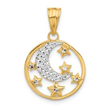 14k Two-tone Gold Diamond-cut Moon and Stars Pendant
