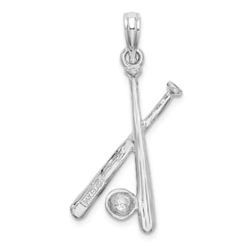 Rhodium Over 14k White Gold Textured Bats and Baseball Pendant
