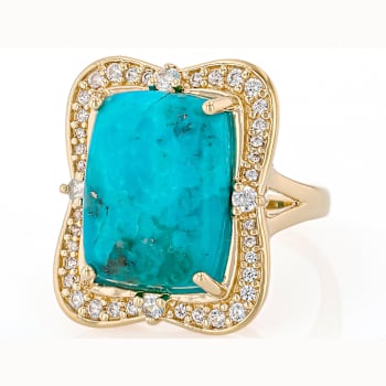 Turquoise And White Zircon Cocktail Ring In 18K Gold Over Sterling
Silver 0.55ctw