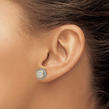 Sterling Silver Antiqued with 14K Accent Diamond Post Earrings