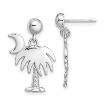 Rhodium Over 14k White Gold Charleston Palm Tree with Moon Dangle Earrings