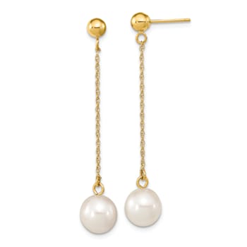 14K Yellow Gold 7-8mm White Round Freshwater Cultured Pearl Dangle Post Earrings