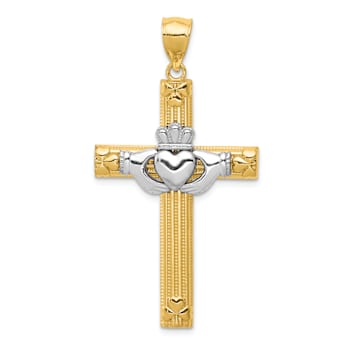 14k Yellow Gold and 14k White Gold Textured Claddagh Cross Pendant