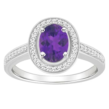 8x6mm Oval Amethyst 1/5 ctw Diamond Rhodium Over Sterling Silver Halo Ring