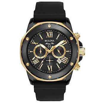 Bulova Men's Marine Star Black Dial, Black Rubber Strap Watch