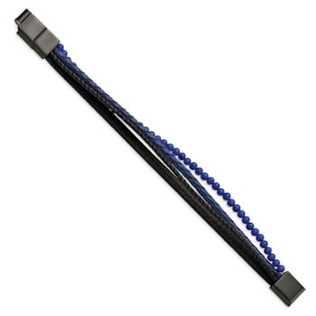Leather and Stainless Steel Polished Black IP Plated with Lapis with
0.5-inch Extension Bracelet
