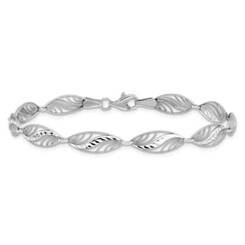 Rhodium Over 14k White Gold Filigree Textured and Diamond-Cut Fancy Link Bracelet