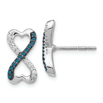 Rhodium Over 14k White Gold Blue and White Diamond Infinity Heart Stud Earrings