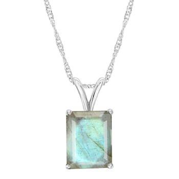 10x8mm Emerald Cut Labradorite Rhodium Over Sterling Silver Pendant With Chain