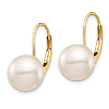 14K Yellow Gold 9-10mm White Round Freshwater Cultured Pearl Leverback Earrings