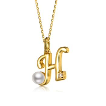 Initial H Pear Shape CZ And Pearl Pendant Necklace In 14K Gold Over Brass
